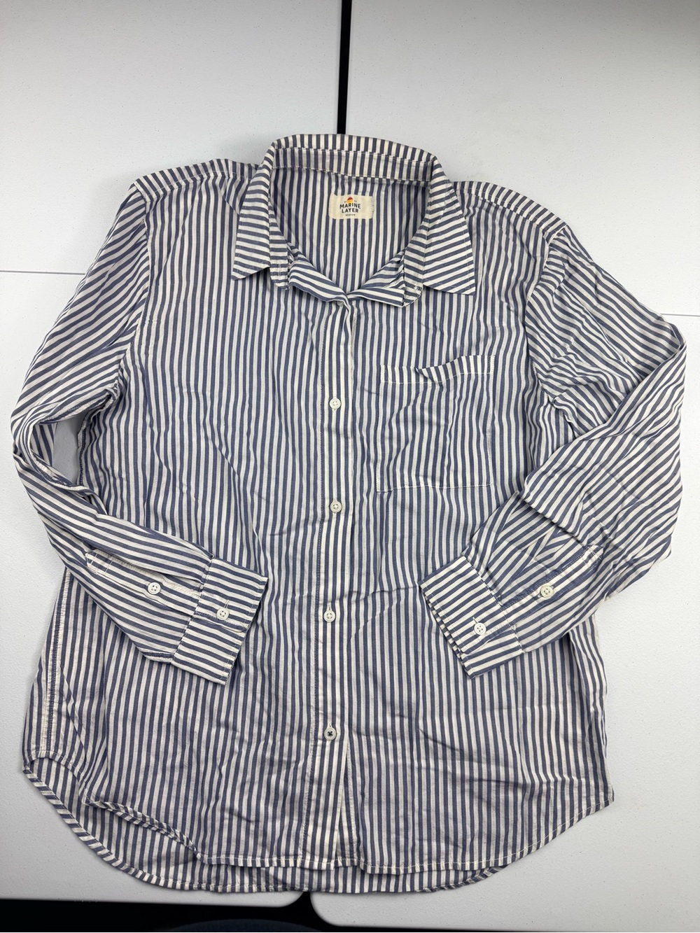 Marine Layer women’s Vertical Stripe Button-Down Shirt in Blue & White